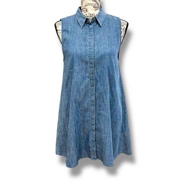 Alice+Olivia Size XS Chambray Blue Sleeveless Button Shift Dress - Picture 1 of 6